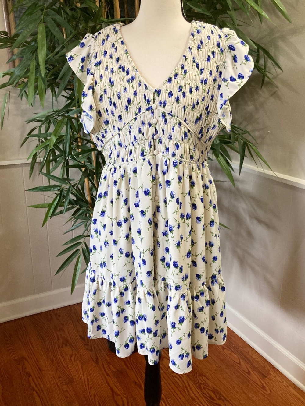 CUTE! Summer Blue & White Floral Fully-Lined Tie Dress Large ***MADE IN THE USA!